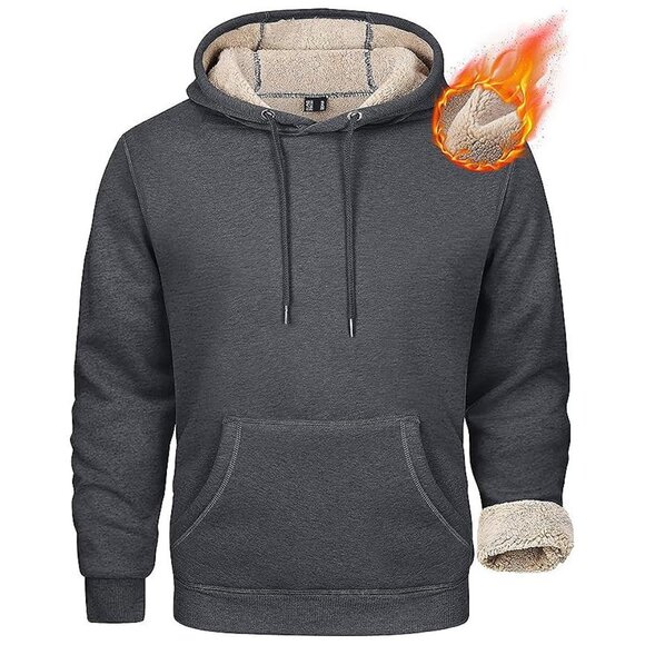 Men's Heavy Hoodie Sherpa Fleece Lined Pullover Thick Winter Dark Grey